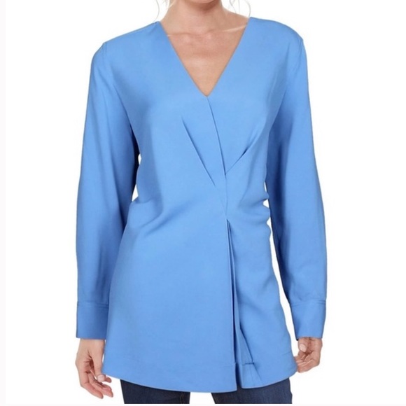 Alfani Cobalt Blue Pleated V Neck Long Sleeve Tunic Top Blouse Work Women M New - Picture 2 of 7